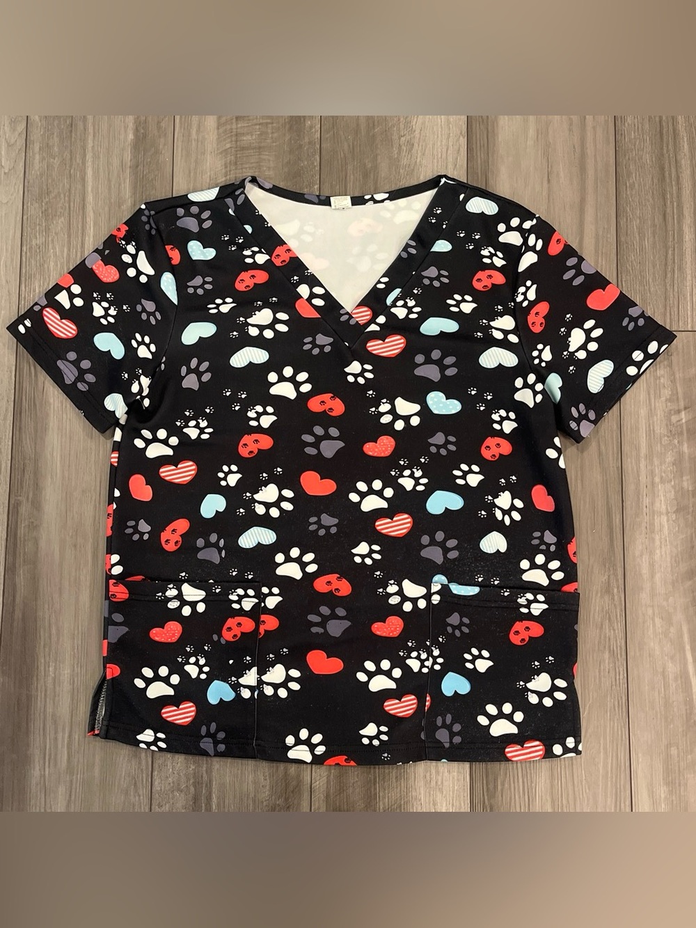 Black Paw & Heart Print Scrub Top